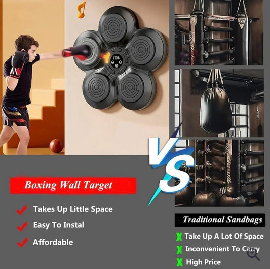 Comparison between boxing wall target and traditional sandbags with features listed.